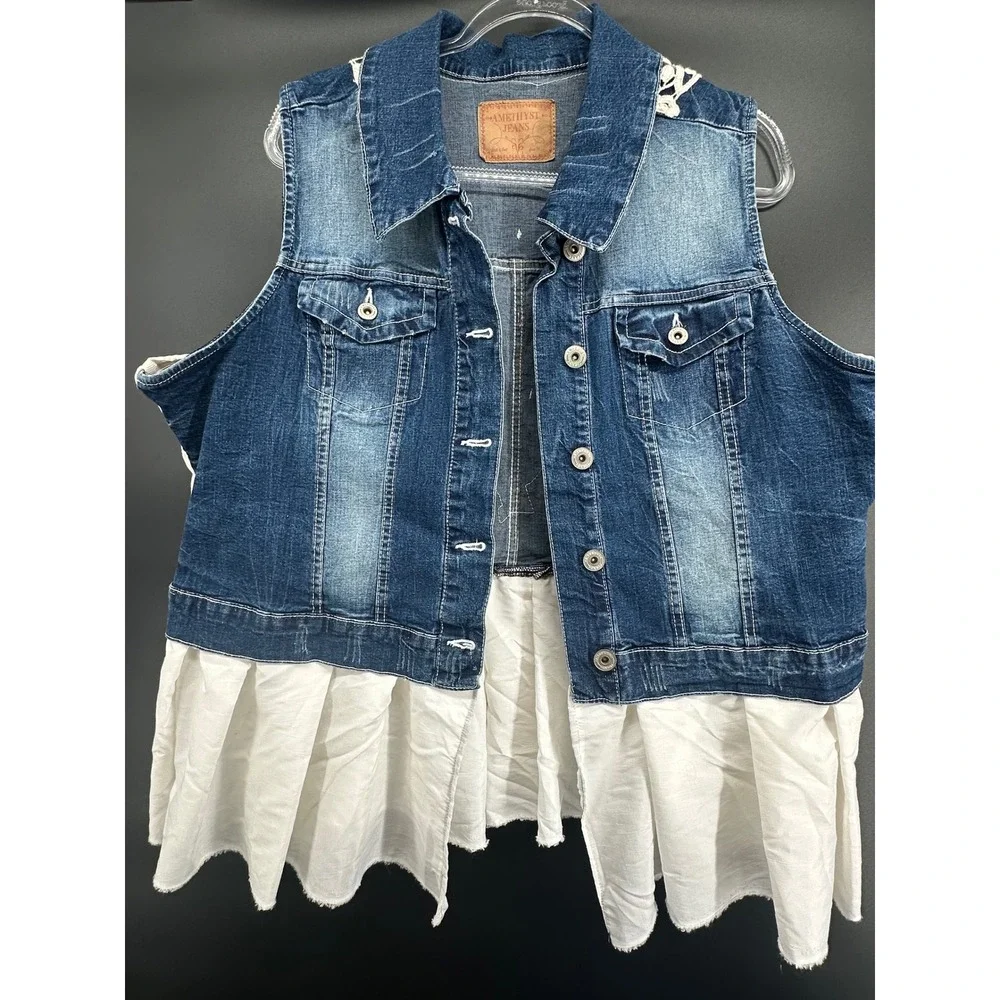 🦋 Upcycled Boho‎ Denim Vest w/ Crochet Lace Back & Ruffle Hem 🦋